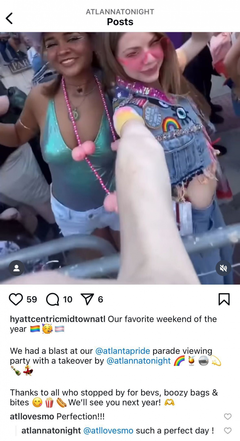   Un ejemplo de mención en redes sociales. La publicación muestra al Hyatt Centric Midtown Atlanta etiquetando a Atlanta Pride y AtlannaTonight.'s brand accounts. 