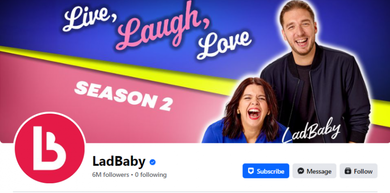   Foto de portada de Facebook de LadBaby, que mostra el seu anunci de podcast i els seus 6 milions de seguidors