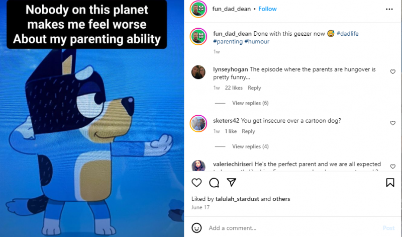   Una publicació còmica sobre el programa de televisió Bluey del compte d'Instagram fun_dad_dean