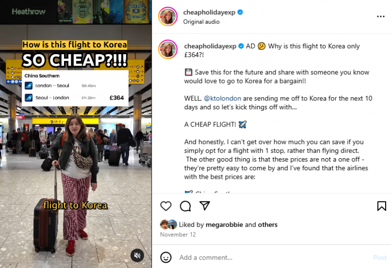   Een Instagram-post die de samenwerking van CheapHolidayExp met Zuid-Korea laat zien tijdens een reiscampagne gericht op de Britse markt