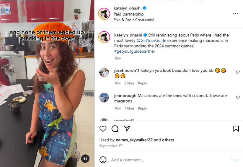   Een instagrampost van Katelyn Ohashi waar ze haar samenwerking met GetYourGuide laat zien tijdens de Olympische Spelen in Parijs