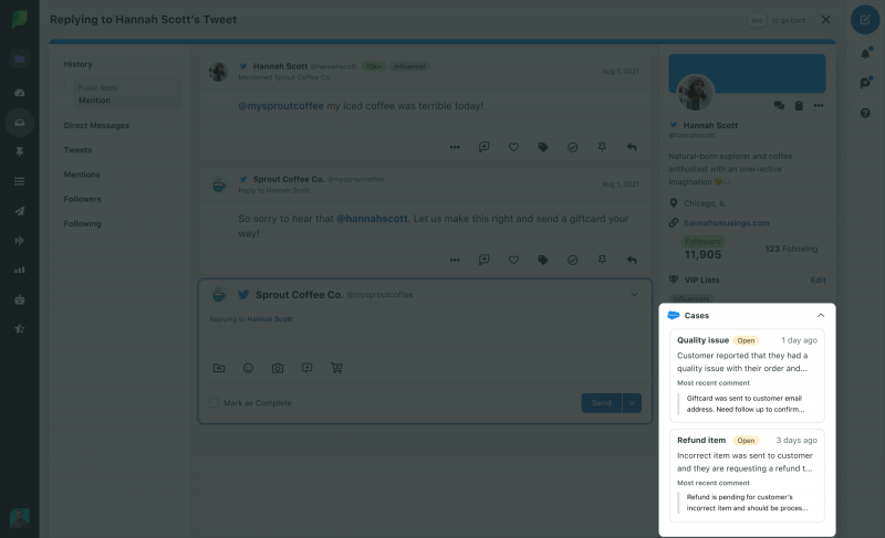 Sprout Social のスクリーンショット's Smart Inbox, where a user is responding to an incoming comment on X (formerly Twitter). In the lower right side of the screen, you can see a popup highlighted that lists Salesforce cases related to the user who is contacting the brand, including a past quality issue the customer reported and an incorrect item.