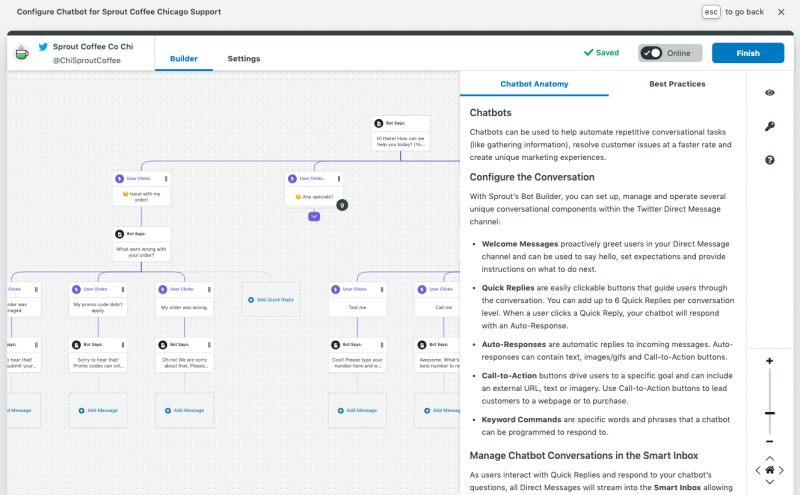   Ο Bot Builder του Sprout σάς επιτρέπει να δημιουργείτε chatbots για τα κοινωνικά σας εισερχόμενα