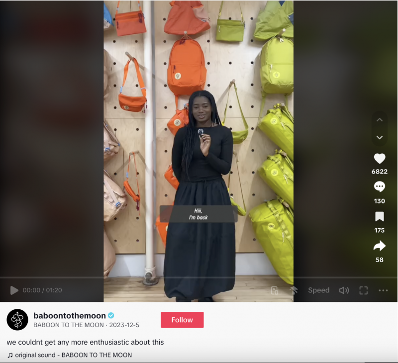   Une vidéo TikTok de Baboon to the Moon of Jess une fois de plus devant le mur de sacs, réfléchissant cette fois à la façon dont les commentateurs partagent son état d'esprit.'t enthusiastic enough.