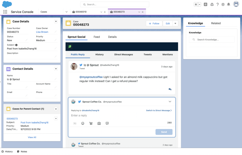 Données sociales de Sprout intégrées à la plateforme Salesforce, qui démontrent comment les messages sociaux entrants peuvent être liés aux contacts et requêtes existants.