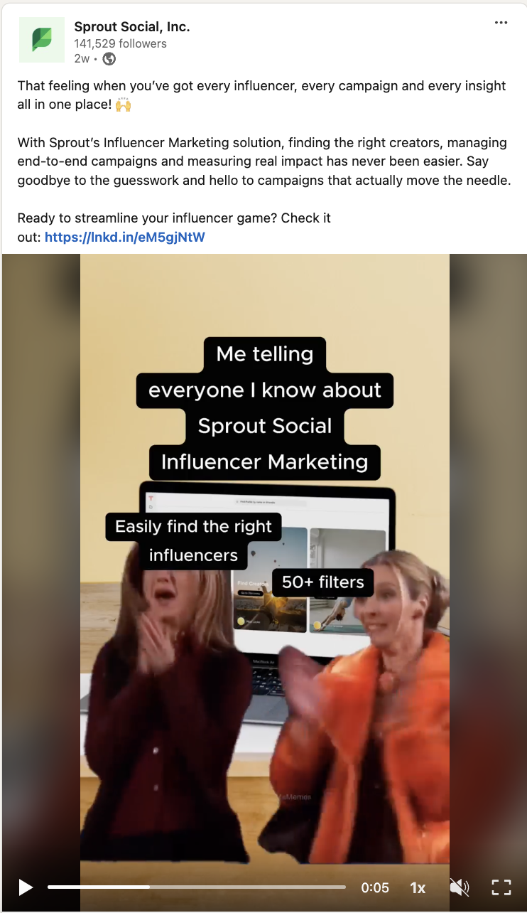   Una publicació de Sprout Social LinkedIn que explica com Sprout Influencer Marketing agilitza la gestió dels influencers