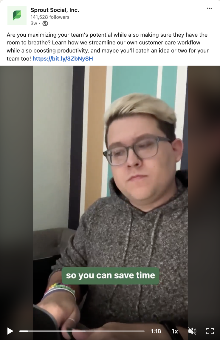   Un vídeo de Sprout Social LinkedIn on un membre de l'equip explica com fem servir la plataforma Sprout per maximitzar els nostres fluxos de treball.