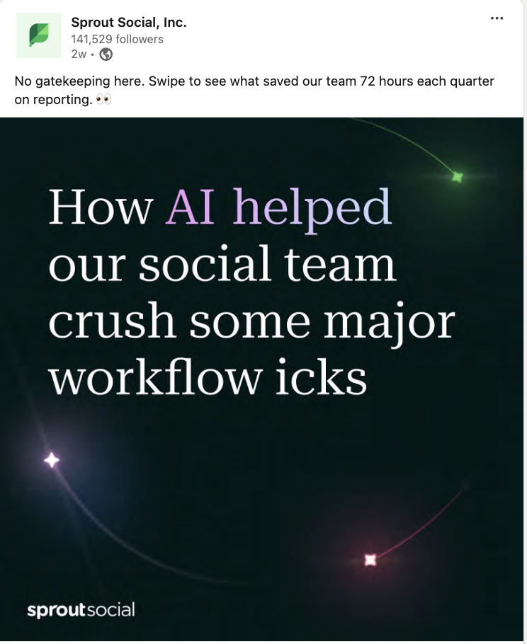   Un carrusel de Sprout Social LinkedIn que explica com hem utilitzat la IA per racionalitzar els nostres fluxos de treball, inclosos els nostres rituals d'informes