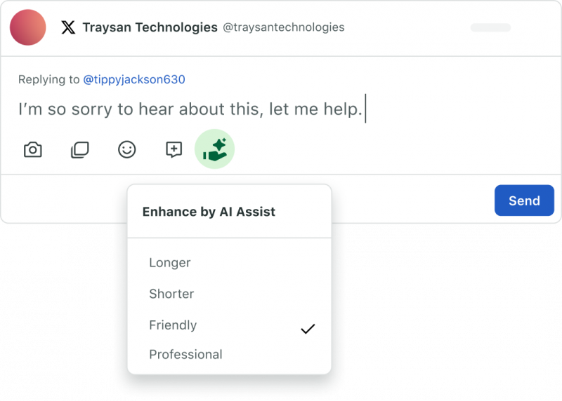 El menú desplegable Enhance by AI Assist a Sprout's publishing window, where the user can select the right AI-generated responses.