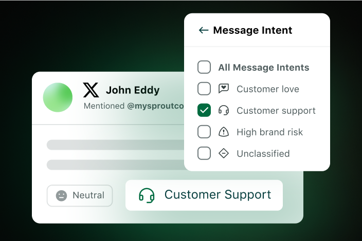 Brotar's Customer Care solution where you can select different message intents to better categorize messages.