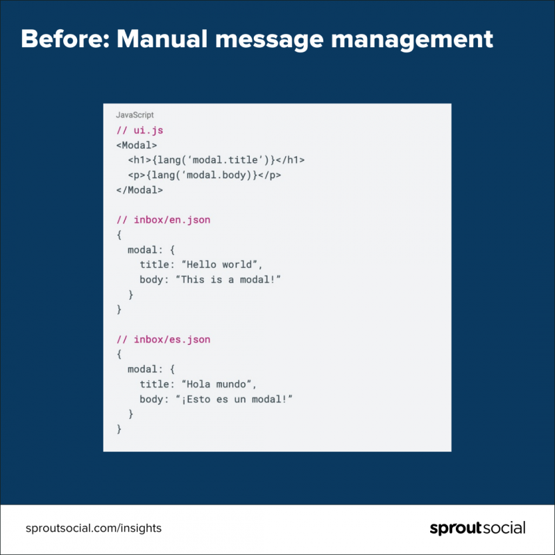 Captura de pantalla de JavaScript que s'utilitzava anteriorment per gestionar manualment els missatges i la traducció a Sprout's codebase.