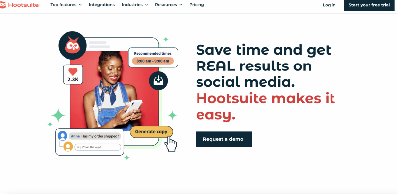 हूटसुइट's website with branded graphics and a demo button.