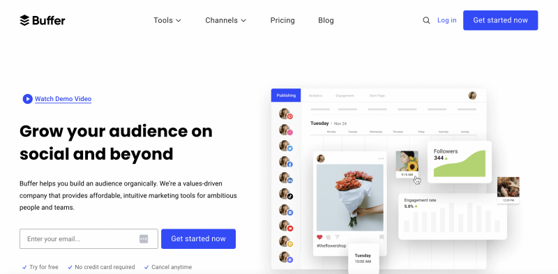 बफर's landing page with an email sign up and a preview of their platform.
