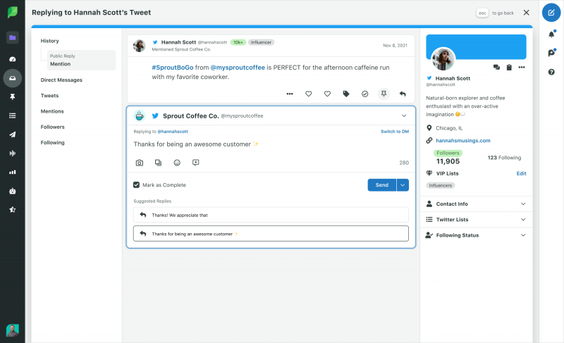 Skjermbilde av Sprout Social's Suggested Replies for a unified brand voice in customer communications and better response time.